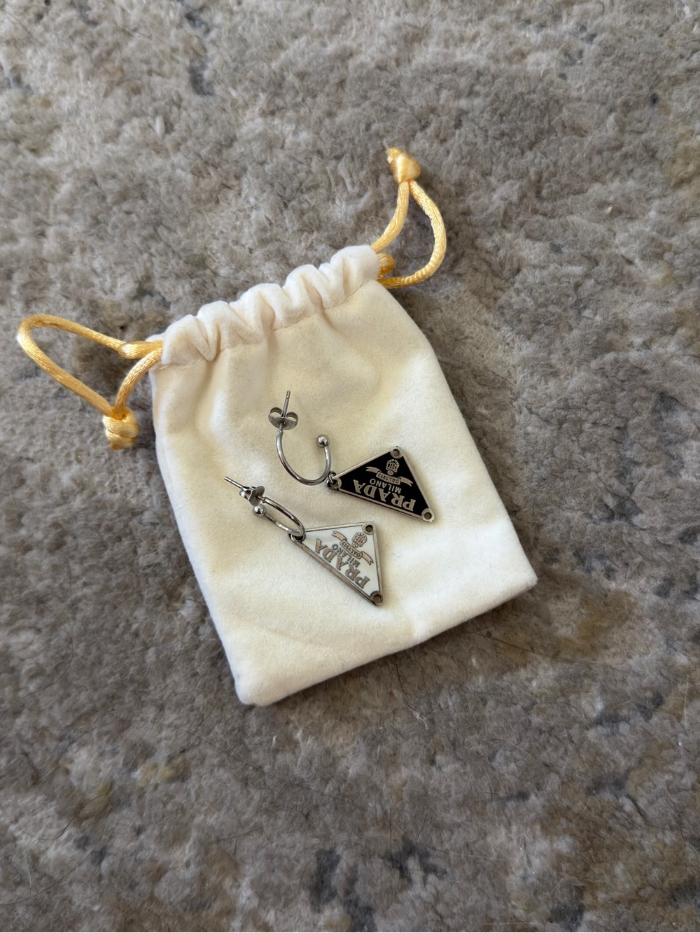 Prada Silver-Tone Triangle Logo Drop Earrings with Black Plaque